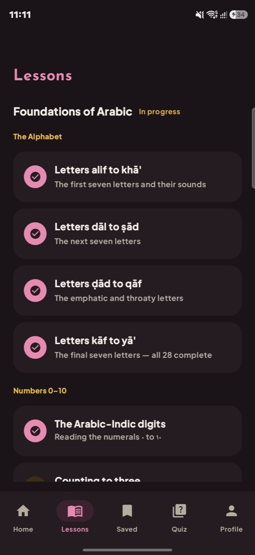 Lessons list with completed alphabet lessons