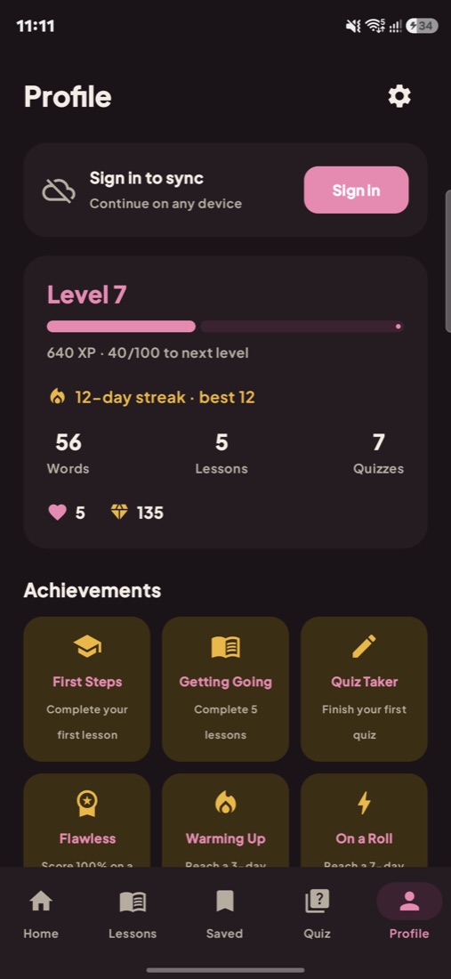 Profile with level, streak and achievements